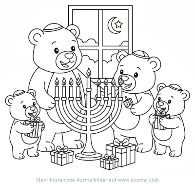 Bärenfamilie feiert Chanukka mit Menora und Geschenken Ausmalbild