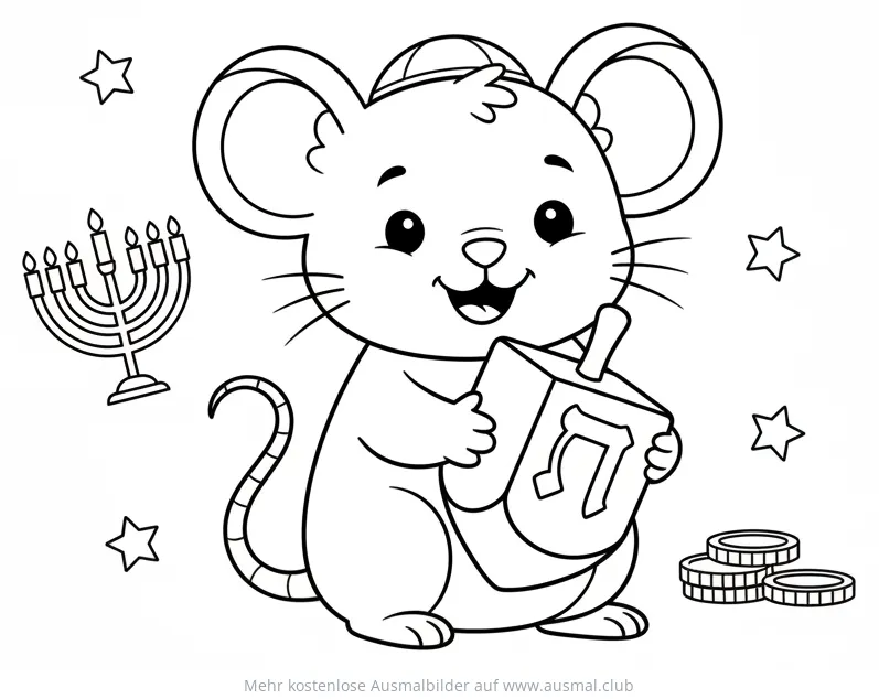 Maus mit Dreidel und Menora Ausmalbild für Chanukka