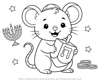 Maus mit Dreidel und Menora Ausmalbild für Chanukka