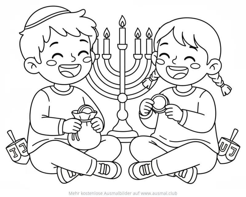 Chanukka Ausmalbild mit Kindern, Menora und Gelt