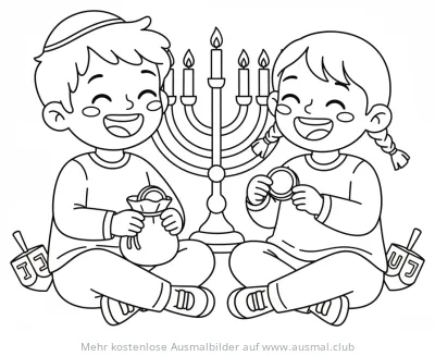 Chanukka Ausmalbild mit Kindern, Menora und Gelt
