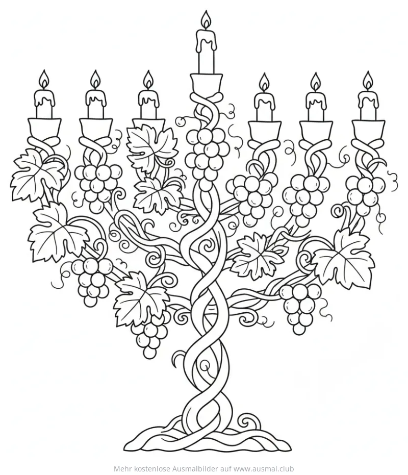 Weinreben-Menora Ausmalbild mit Trauben und Blättern