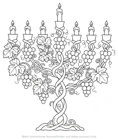 Weinreben-Menora Ausmalbild mit Trauben und Blättern