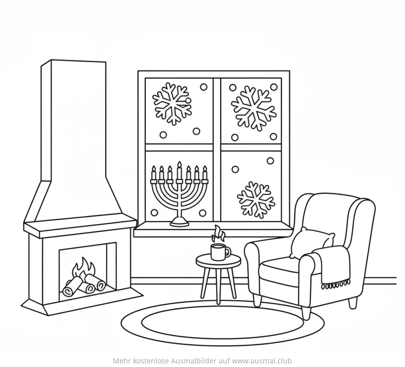 Chanukka-Szene: Fenster mit Schneeflocken, Menora, Kamin und Sessel Ausmalbild