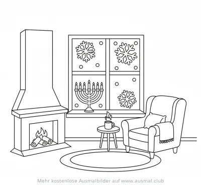 Chanukka-Szene: Fenster mit Schneeflocken, Menora, Kamin und Sessel Ausmalbild