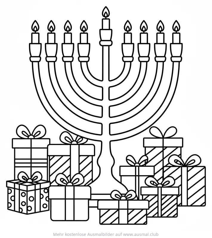 Chanukka Ausmalbild mit Chanukkia und Geschenken