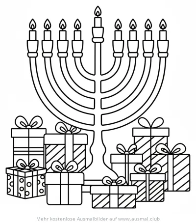 Chanukka Ausmalbild mit Chanukkia und Geschenken