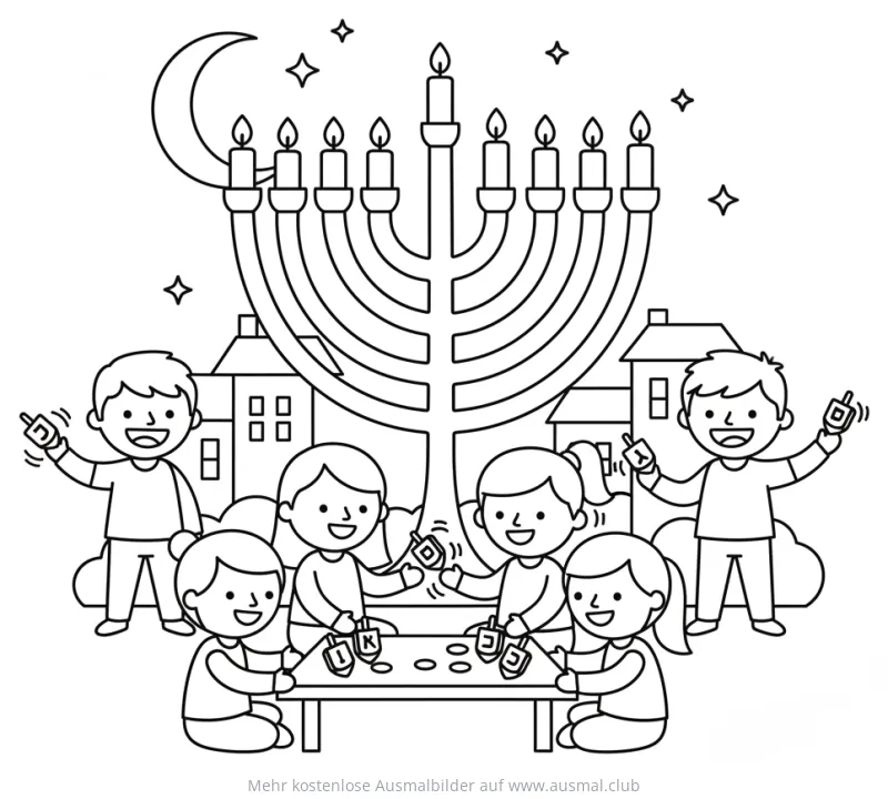 Chanukka Ausmalbild mit Menora, Kindern und Dreidel
