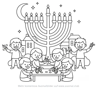Chanukka Ausmalbild mit Menora, Kindern und Dreidel