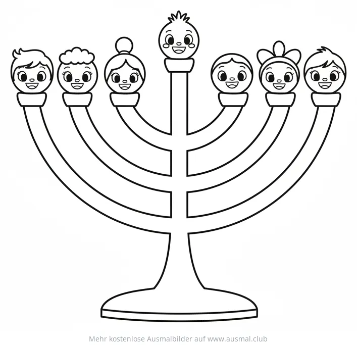 Menora Ausmalbild mit sieben Kerzenhaltern und fröhlichen Gesichtern