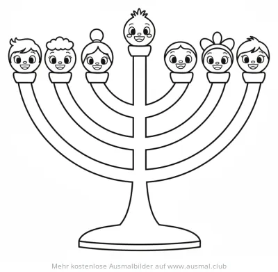 Menora Ausmalbild mit sieben Kerzenhaltern und fröhlichen Gesichtern