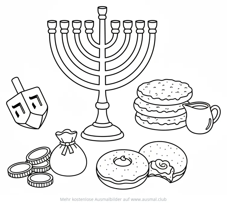 Chanukka Symbole: Menora, Dreidel, Geld, Krug, Krapfen Ausmalbild