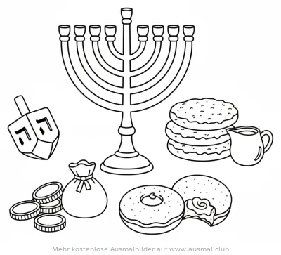Chanukka Symbole: Menora, Dreidel, Geld, Krug, Krapfen Ausmalbild