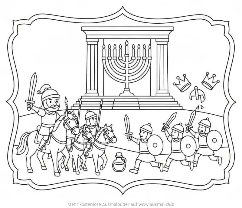 Judah Maccabee und Soldaten Ausmalbild mit Tempel und Menora