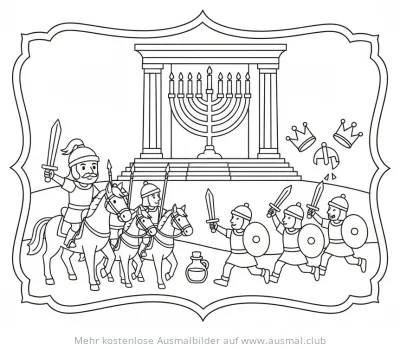 Judah Maccabee und Soldaten Ausmalbild mit Tempel und Menora