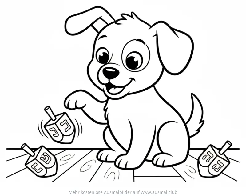 Hund spielt mit Dreidel Ausmalbild für Chanukka
