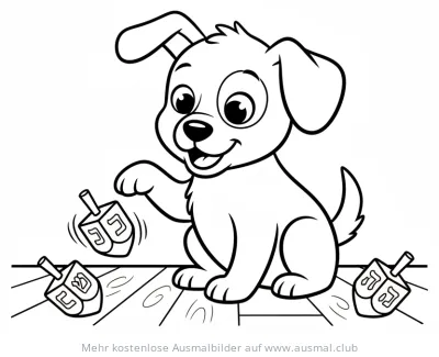Hund spielt mit Dreidel Ausmalbild für Chanukka