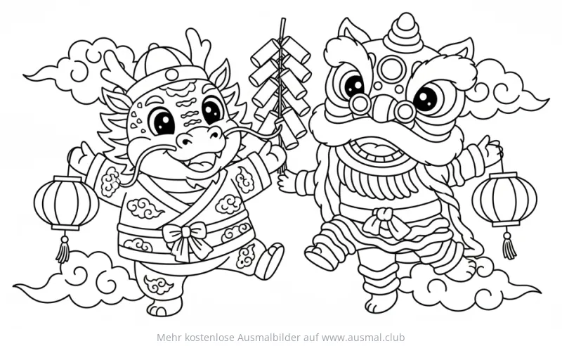 Chinesisches Neujahr Ausmalbild mit Drachen und Löwen, Laternen und Feuerwerk