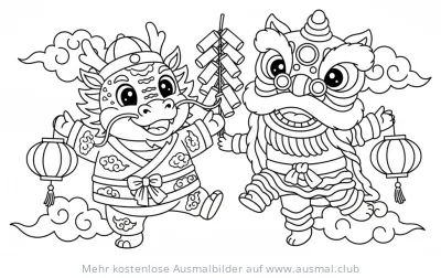 Chinesisches Neujahr Ausmalbild mit Drachen und Löwen, Laternen und Feuerwerk