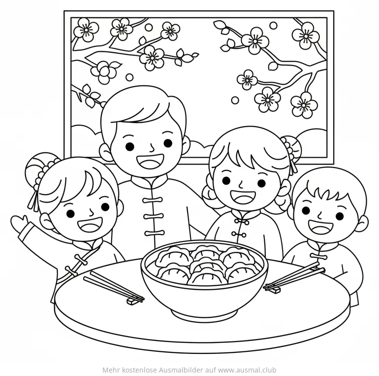 Chinesisches Neujahr: Familie mit Jiaozi Ausmalbild