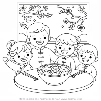 Chinesisches Neujahr: Familie mit Jiaozi Ausmalbild