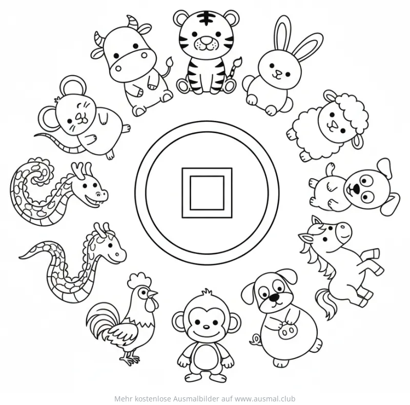 Chinesische Tierkreiszeichen Ausmalbild mit Münze