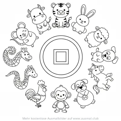 Chinesische Tierkreiszeichen Ausmalbild mit Münze