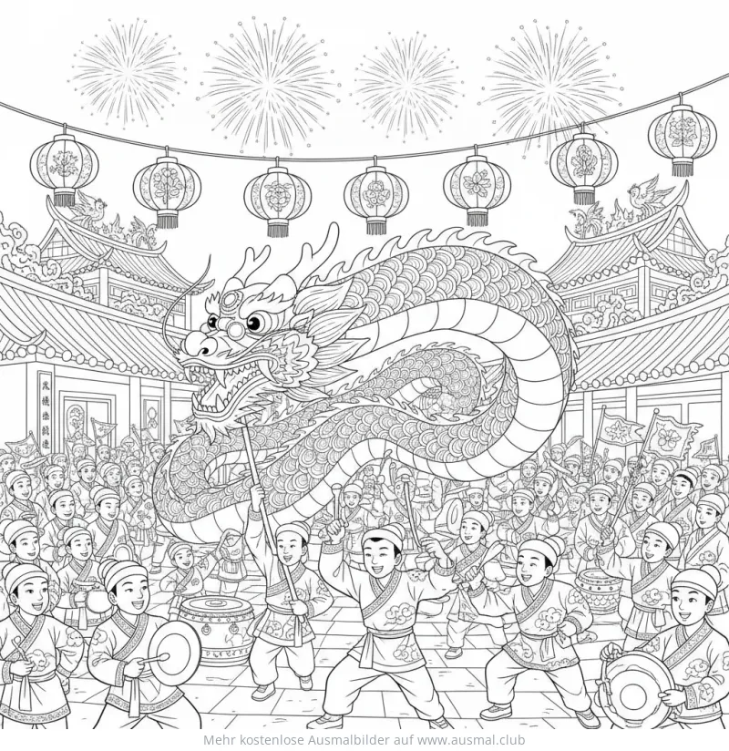 Chinesischer Drachentanz Ausmalbild
