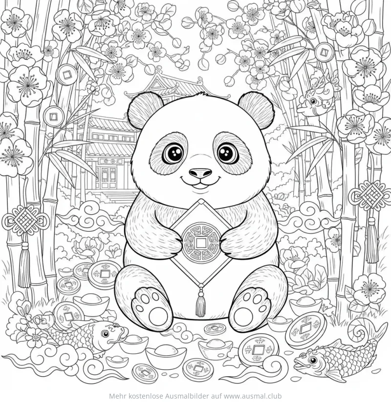 Panda mit Glücksmünze Ausmalbild zum Chinesischen Neujahr