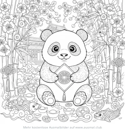 Panda mit Glücksmünze Ausmalbild zum Chinesischen Neujahr