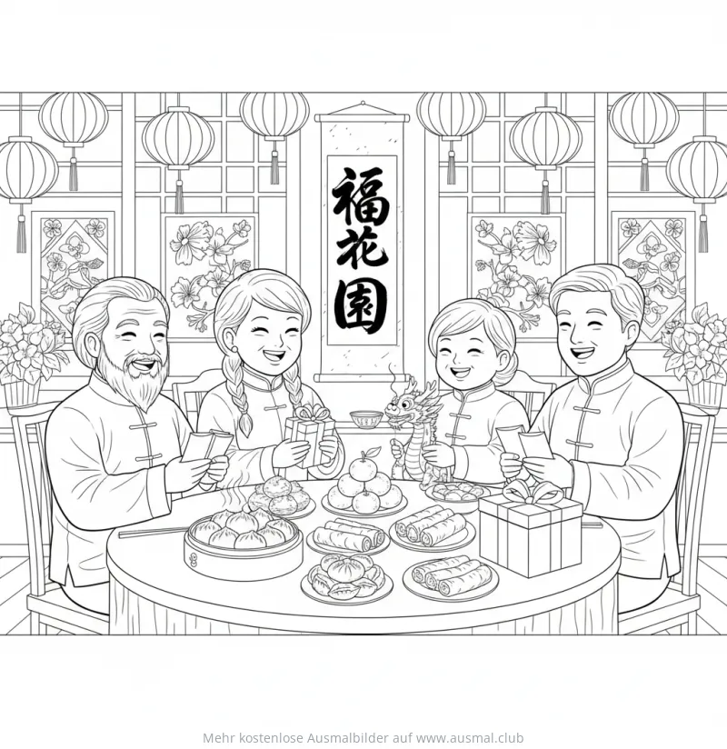 Familie feiert Chinesisches Neujahr Ausmalbild