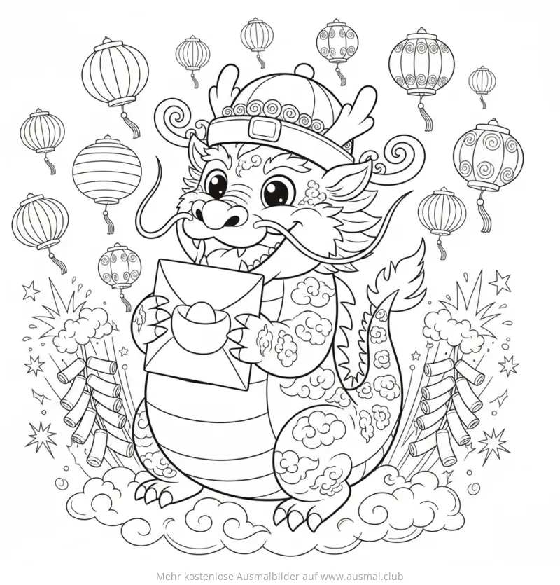 Drache mit Brief und Laternen Ausmalbild zum Chinesischen Neujahr