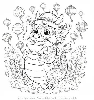 Drache mit Brief und Laternen Ausmalbild zum Chinesischen Neujahr
