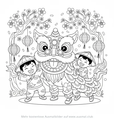 Löwentanz Ausmalbild mit Kindern und Laternen