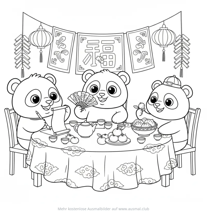 Panda Familie feiert Chinesisches Neujahr Ausmalbild
