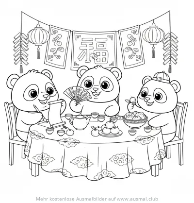 Panda Familie feiert Chinesisches Neujahr Ausmalbild