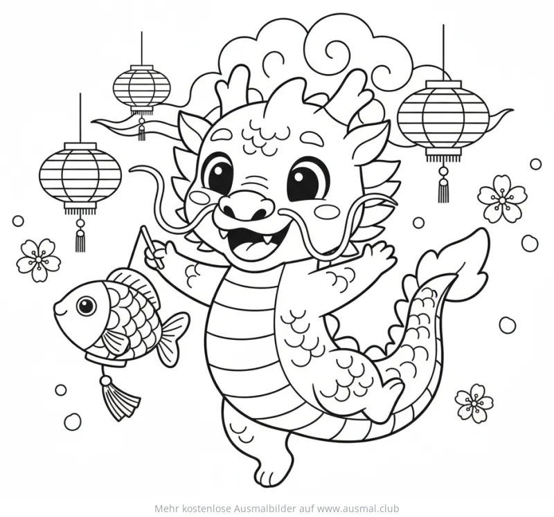 Chinesisches Neujahr: Drache mit Laterne und Fisch Ausmalbild