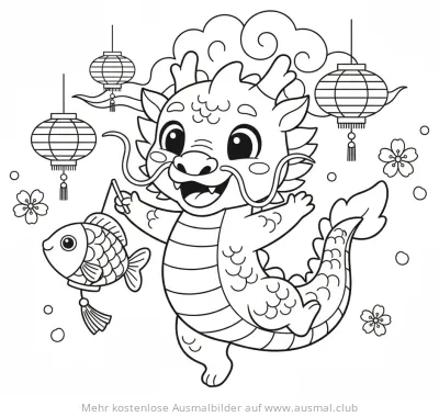 Chinesisches Neujahr: Drache mit Laterne und Fisch Ausmalbild