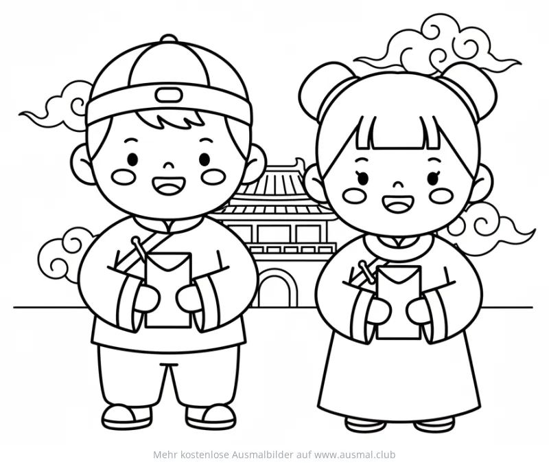 Chinesisches Neujahr: Kinder mit Umschlägen Ausmalbild