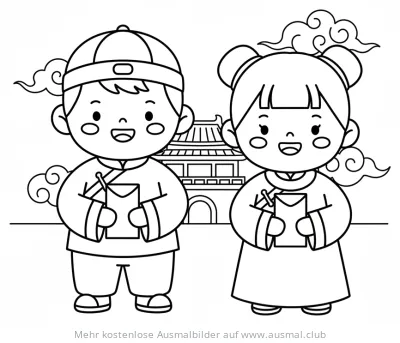 Chinesisches Neujahr: Kinder mit Umschlägen Ausmalbild