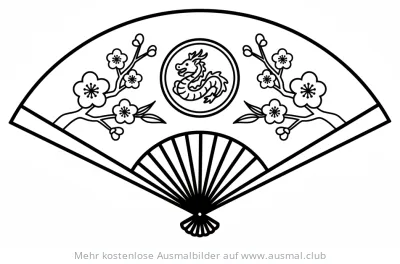 Fächer mit Drachen und Kirschblüten Ausmalbild