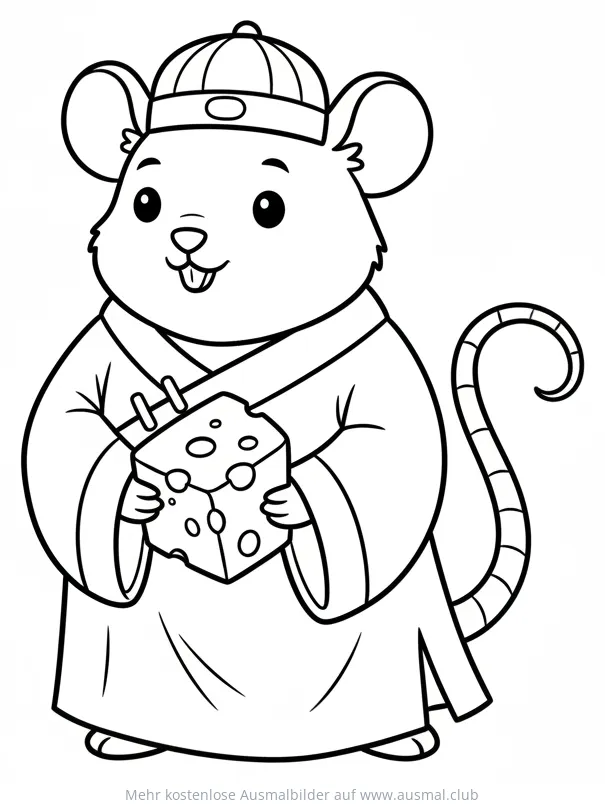 Ratte mit Käse im chinesischen Gewand Ausmalbild