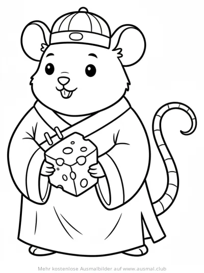 Ratte mit Käse im chinesischen Gewand Ausmalbild