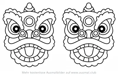 Zwei stilisierte Löwenköpfe Ausmalbild zum chinesischen Neujahr
