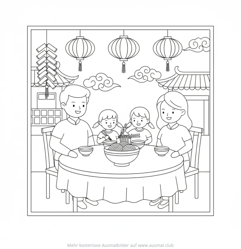 Familie isst Nudeln beim chinesischen Neujahr Ausmalbild