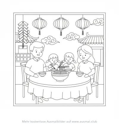 Familie isst Nudeln beim chinesischen Neujahr Ausmalbild