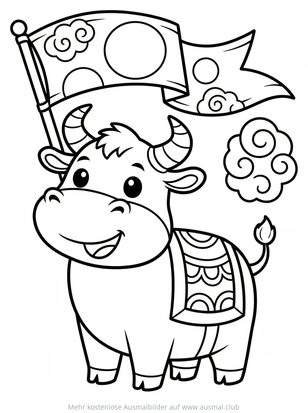 Freundlicher Ochse mit Fahne Ausmalbild zum chinesischen Neujahr