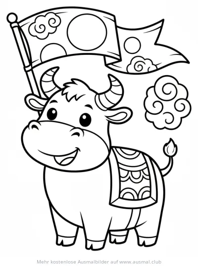 Freundlicher Ochse mit Fahne Ausmalbild zum chinesischen Neujahr