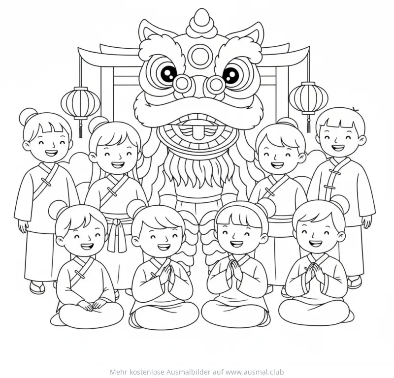 Löwentanz mit Kindern Ausmalbild zum Chinesischen Neujahr