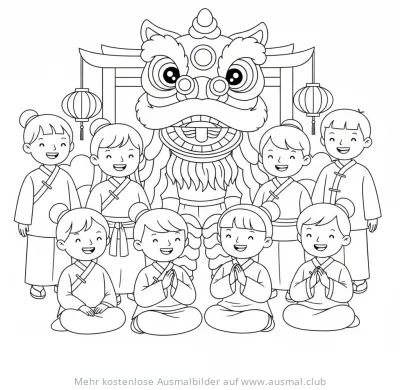 Löwentanz mit Kindern Ausmalbild zum Chinesischen Neujahr